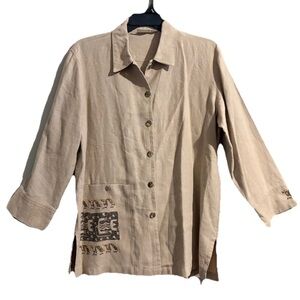 Chico’s Design 100% Linen Jacket Sz 3 Us XL Safari Beaded Artsy Womens Tan